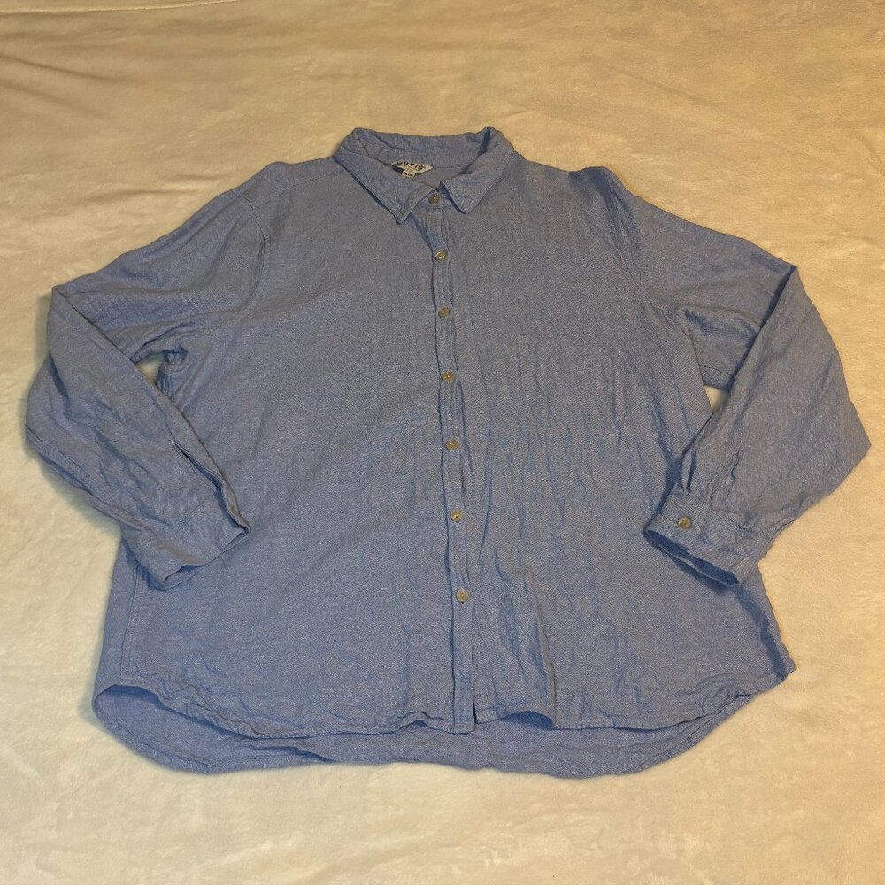 ORVIS Womens Size XXL 2X Blue Linen Blend Roll Tab Long Sleeve Button Down Shirt